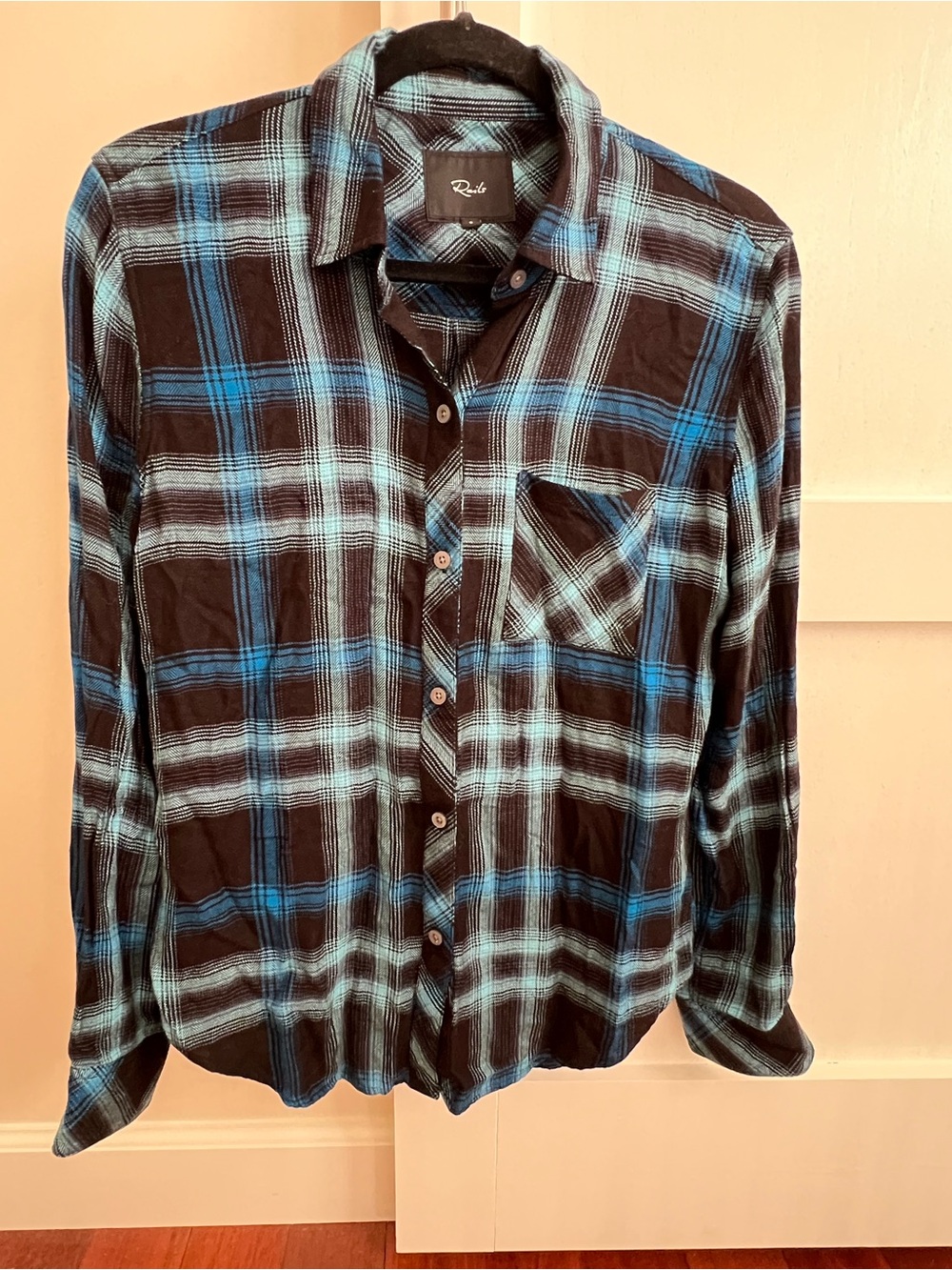 Rails Women’s Hunter Black and Aqua Blue Plaid Button-Down Shirt